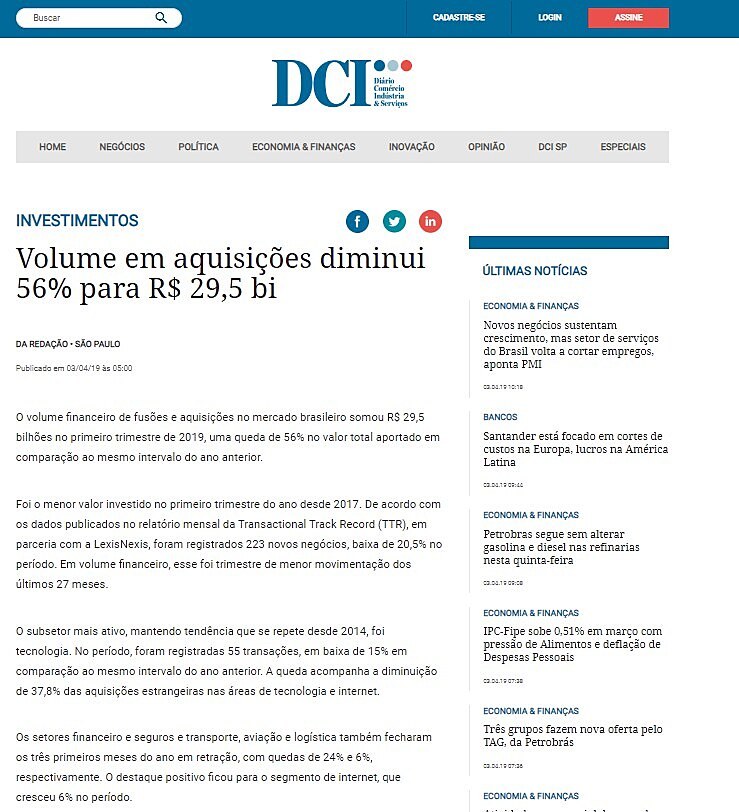 Volume em aquisies diminui 56% para R$ 29,5 bi